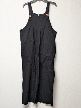 Women's Black Pocket Wide-Leg Overalls with Adjustable Button Straps - 2XL